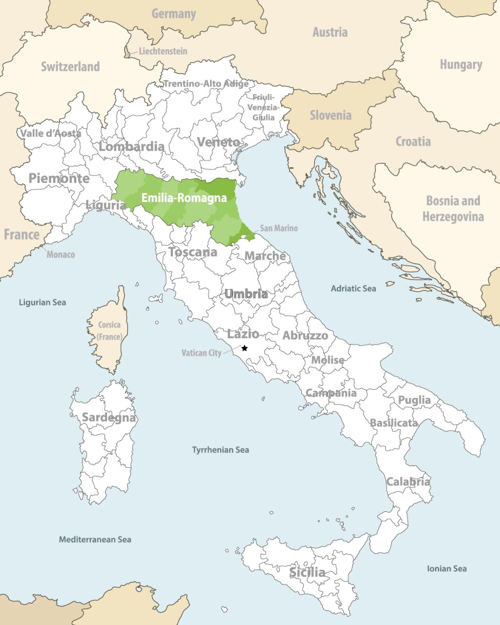 Emilia-Romagna highlighted on Italy map