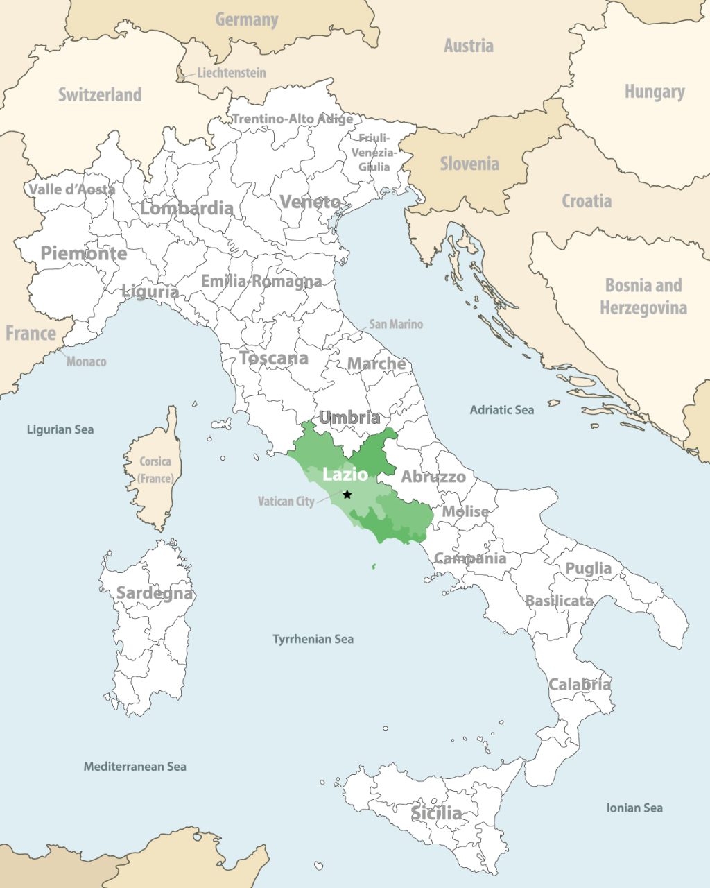 Lazio highlighted on Italy map