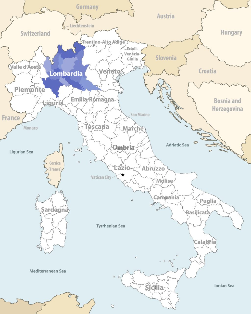 Lombardia highlighted on Italy map