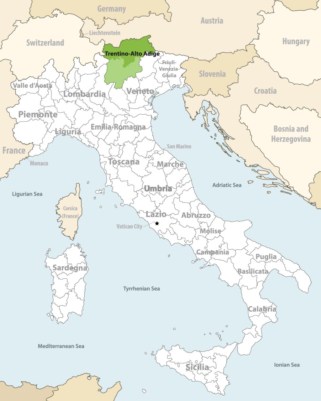Trentino-Alto Adige on Italy map